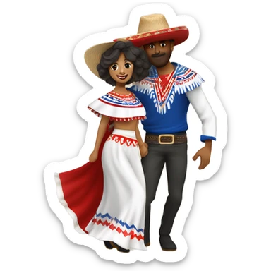 pareja de hombre y mujer bailando danza folcórica chilena llamada cueca. El hombre usa sombrero de huaso y poncho con colores cafés y la mujer usa vestido blanco con detalles rojos y azules sticker