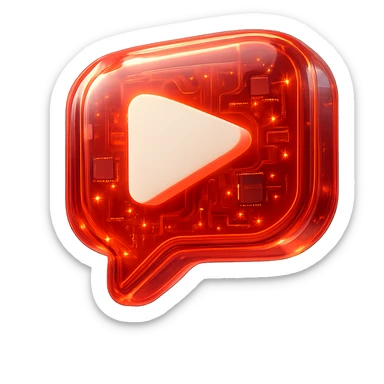 red speech bubble with inside a big red YouTube white play button, very glossy circuit style, lot of glow sticker