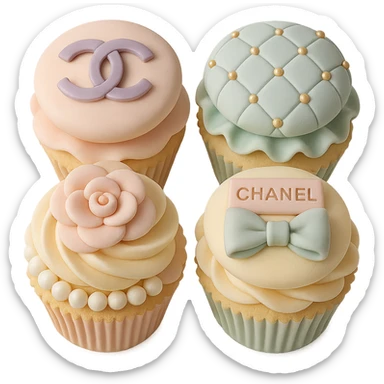 Chanel-themed pastel cupcake set in fondant cake art style, each with a different edible logo or accessory sticker