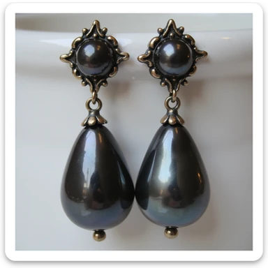 realistic goth earrings, black pearl drop, vintage gothic, subtle shine sticker