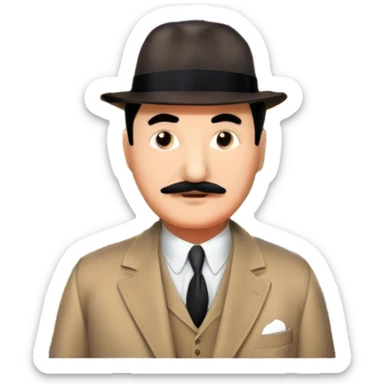Icon for Detective Movies: A colorful collage with Hercule Poirot and mysterious city backdrop. Include a board with photos of suspects, clues like fingerprints and a crime scene. Retro movie poster style. Transparent background. sticker