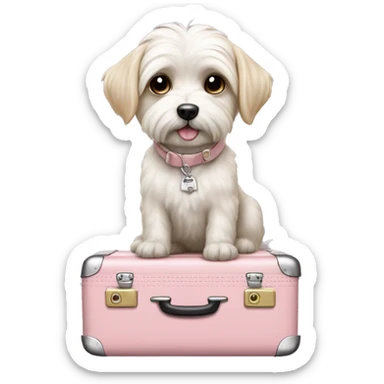 Malteses dog in a light pink bag standing on a suit case  sticker