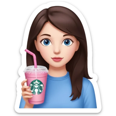 make an emoji of a brunette blue eye girl wearing light pink drinking a strawberry acai refresher from starbucks sticker