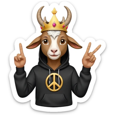 Goat with horns wearing black hoodie and a royal crown peace sign sticker