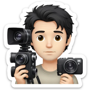 a white man with black messy hair holding a foto camera sticker