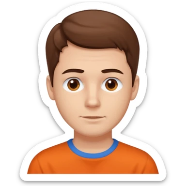 male, white skin, brown hair, brown eyes, orange shirt and blue collarbone sticker
