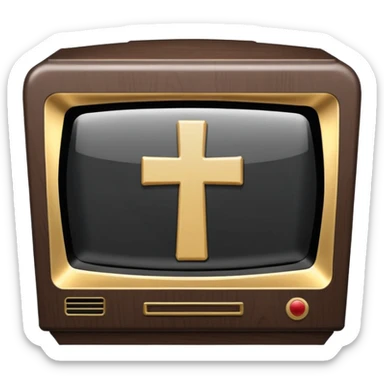 Minimalist emoji-style sticker of a CRT TV in the shape of a coffin, with a cross or static noise on the screen. Desaturated design.  sticker