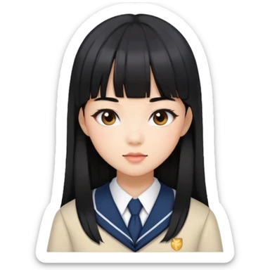 stylish woman with Asian skin, school uniform, long straight black hair with bangs, and soft makeup sticker