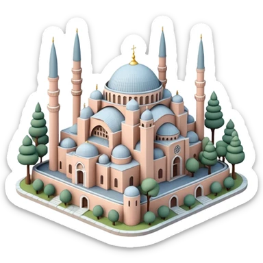 Isometric miniature of Istanbul, centered on Hagia Sophia with domes and minarets, surrounded by a few low-rise buildings and greenery, in pastel diorama style, soft shading. sticker