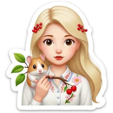 A Ukrainian girl in a white embroidered shirt holds a branch with a blossoming cherry and a hamster sticker
