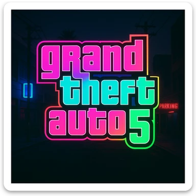 GTA5 inspired logo, bold text, neon colors, urban background, modern graphic style sticker