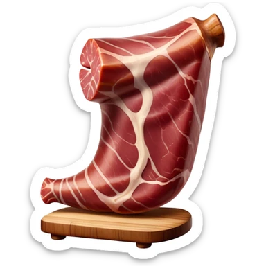 ​Cinematic Realistic Spanish Jamón Leg, depicted as a massive, cured leg of Jamón serrano with a deep reddish-brown hue, intricately marbled and slightly glossy with age, elegantly displayed on a rustic wooden stand and bathed in warm, soft lighting that accentuates its artisanal heritage, sticker