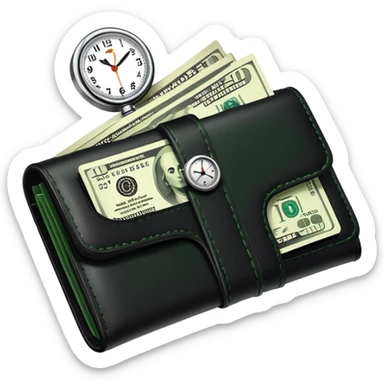 black wallet with green dollar bills visible inside and a small clock in top right corner positioned over the wallet sticker