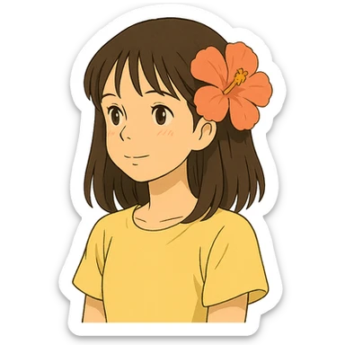 ghibli style girl with straight hair, flower in hair, summer theme sticker
