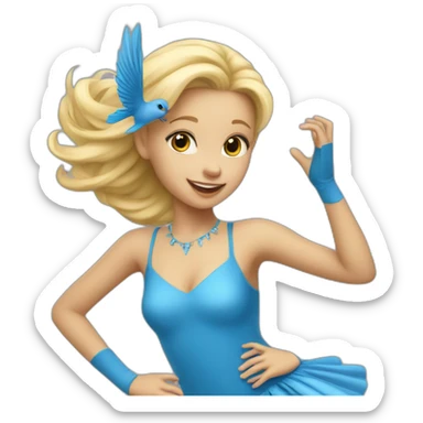 little blonde girl dancing in a blue bird costume sticker