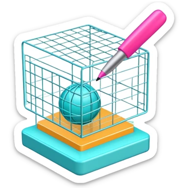 Create an emoji for 3D visualization and modeling. Show a 3D object with wireframe lines and a 3D modeling tool interface. Use modern, professional colors. Do not include any emojis or smiley faces. Make the background transparent. sticker