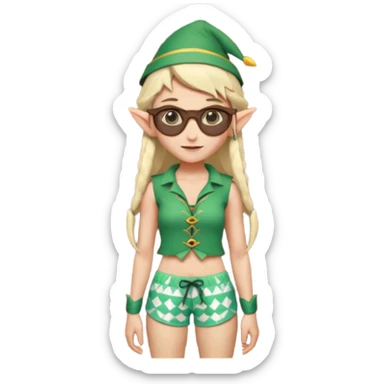 elf female legolas portrait, patterned board shorts (geometric/abstract), unique wooden-framed sunglasses, undercut hairstyle, slight smirk, visible pointy ears, no background, centered emoji, hipster summer vibe coctails with summer hat sticker