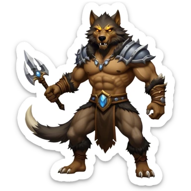 Cinematic Realistic WoW Worgen Portrait, captured in a dynamic, battle-ready stance, muscles rippling beneath his wild fur and tanned skin. His fierce, amber eyes and determined features, set against consistently detailed, worn leather attire, are rendered with dramatic natural lighting and high shine, embodying the raw, relentless fury of a worgen warrior in combat. sticker