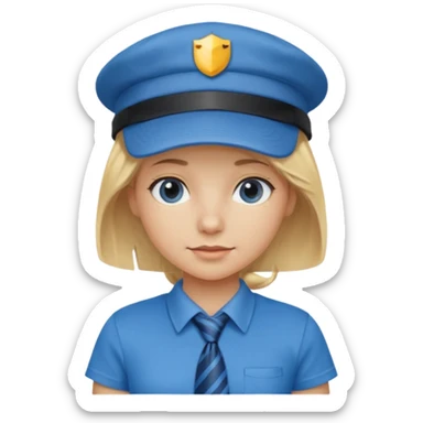 bloande girl with tshirt blue tie and cap sticker