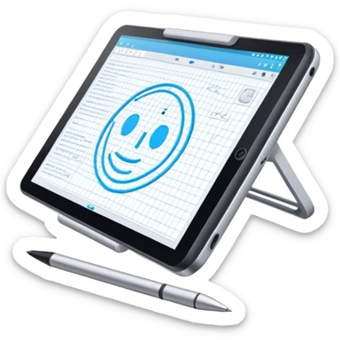 Create an emoji for 3D visualization and modeling. Show a large graphic tablet with a stylus drawing in a 3D modeling program, displaying a wireframe model on the screen. Use modern, professional colors. Do not include any emojis or smiley faces. Make the background transparent. sticker