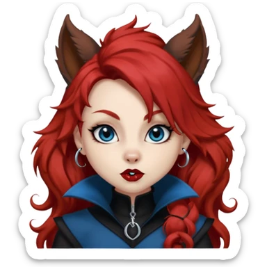  long curly blood red hair (darker), red pointed squirrel ears with black trim, black goth outfits, body and face human, blue eyes, more pointy chin, black lipstick, one big fluffy red squirrel tail with black tips, close her mouth, less evil looking sticker