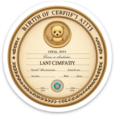 Birth certificate document with name, date of birth, and official seal sticker