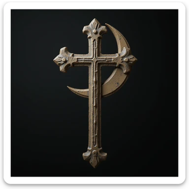 realistic gothic cross, with a crescent moon, photorealistic style, no background sticker
