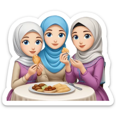 Turkish beautiful finish Konya girls blue eyes with lovely hijab long tail dress and the two friends sits on the chair on the ground and eating the food in the restaurant  sticker