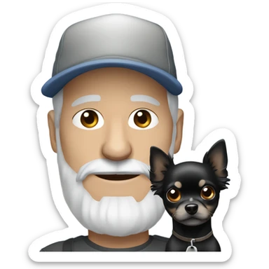 Older man with blue eyes gray hair gray goatee in ball cap holding black longhair chihuahua  sticker
