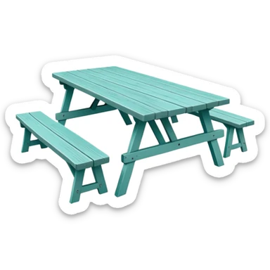 functional scenic prop picnic table with benches, soft teal, straight vertical legs, wheels, flat wood-style silhouette, clean geometry, minimal shading sticker