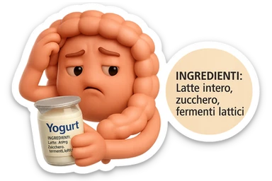 SU QUESTO STILE FAI UN EMOJI STILE IPHONE 3D DI UN INTESTINO CHE HA IN MANO UN BARATTOLO DI YOGURT CONFEZIONATO DA SUPERMERCATO E LEGGE L'ETICHETTA NUTRIZIONALE CON GLI INGREDIENTI IN ITALIANO, ACCANTO ALLO YOGURT CHE HA IN MANO C'è UN FOCUS SULL'ETICHETTA CON GLI INGREDIENTI SCRITTI, FAGLI UN ESPRESSIONE CONFUSA MENTRE LEGGE E FALLO MOLTO REALISTICO IN 3D sticker