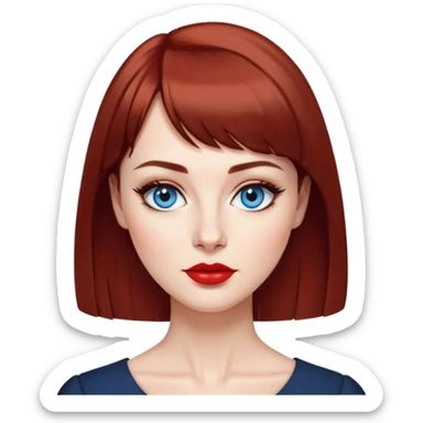 Creative 40-something woman with fair skin, oval face, striking blue eyes with dark eyeliner, thin eyebrows, small nose, full lips with bright red lipstick, dark auburn hair with straight bangs, slight age lines, wearing an elegant black blouse, artistic expression sticker