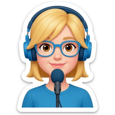 create a blonde hair women with brown eyes, blue glasses and blue headphones podcasting. sticker