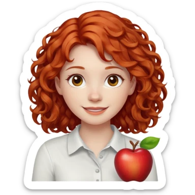 girl with shoulder length curly apple red hair with brown eyes and pale skin smiling sticker