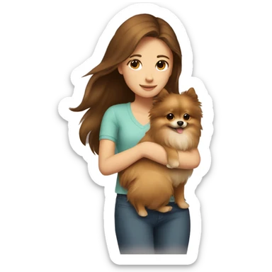 brown haired girl hugging Pomeranian dog  sticker