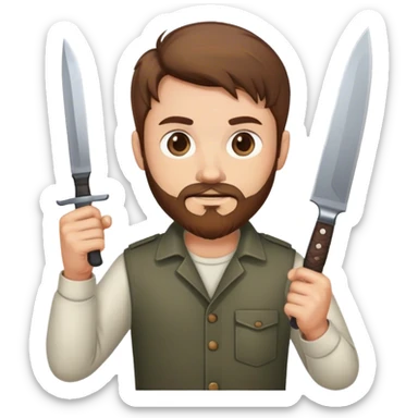 Men with brown hair a light beard and a knife in his hands sticker