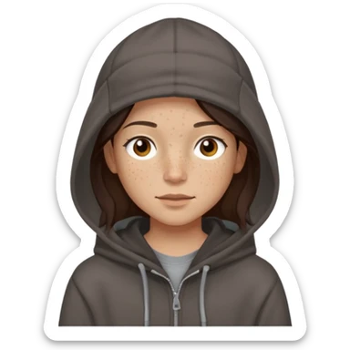 Hobo tomboy with light skin, freckles, shoulder-length center-parted dark brown hair. brown eyes, dark dull brown hoodie, grey shirt. Flat brimmed hat sticker