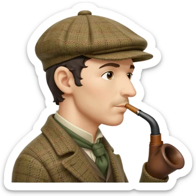 A side view of Sherlock Holmes wearing a deerstalker hat with a curved meerschaum pipe held to his lips sticker