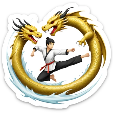 An icon symbolizing Eastern martial arts in the style of an emblem, featuring a black-and-white Yin-Yang symbol and a dragon at the center. A martial artist is performing a fluid kick, surrounded by elements like a dojo and bamboo. Transparent background highlights balance and power. sticker