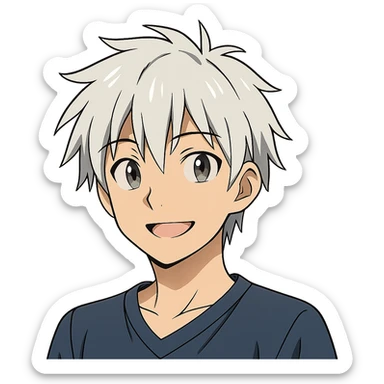 young male anime character with silver hair, friendly smile, classic anime aesthetic, no background sticker