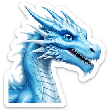 Cinematic Noble very elegant slender Ice Dragon Portrait Emoji, Poised and imposing, distinct long elegant snout, with a slender, scaled body shimmering in glacial hues of icy blue, frostbitten silver, and crystalline white, breathing out frost, with piercing, glowing ice blue white eyes that radiate the chilling depths of an arctic storm; rendered in detail. excuding wisdom sticker