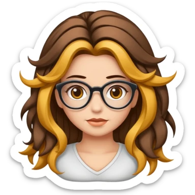 Uma garota de cabelos cacheados com mechas loiras, com pele morena clara e óculos sticker