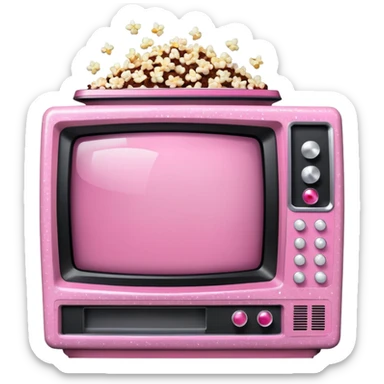 front view of transparent sparkly pink shiny CRT TV sitting on top of pink VCR, with pink/white rhinestone bucket of popcorn beside it sticker