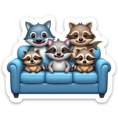 A shark and three raccoons on the couch sticker