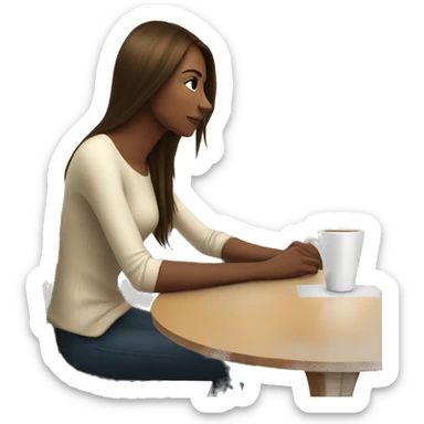 Side view realistic posh brown straight haired pale woman sits at the coffee table sticker