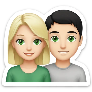 Smiling couple of blonde girl with green eyes and boy with black hair and green eyes sticker