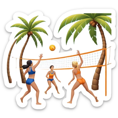 A volleyball resting on the orange sand of a beach, with a volleyball net in the background. The scene includes a beautiful beach landscape with blue sea, sky, and palm trees, while a couple of women in swimsuits play in the distance, capturing the relaxed yet competitive vibe of beach volleyball. sticker
