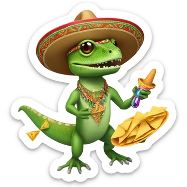 A lizard in a sombrero holding maracas wearing a nacho necklace  sticker