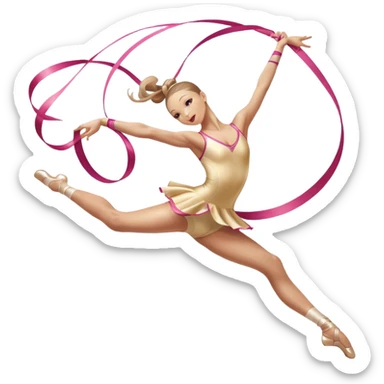 A graceful rhythmic gymnast performing with a flowing ribbon, executing an elegant leap mid-air. The pose exudes flexibility, balance, and artistry. The background suggests a competition arena with soft lighting, emphasizing movement, precision, and the beauty of the sport. sticker