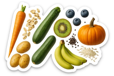 carota, fiocchi di avena, zucchine, kiwi, mirtilli, semi di chia, patate, banane acerbe, zucca, riso fluttuano in aria verticalmente, iperrealistici 4k sticker